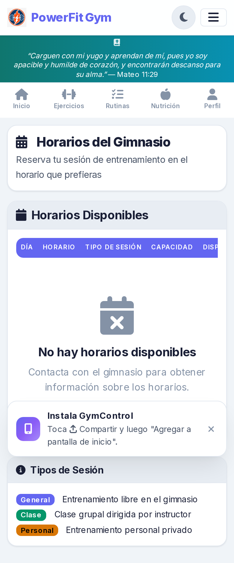 Horarios (vista del socio)